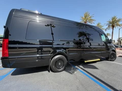 Executive van beside palm trees, side view